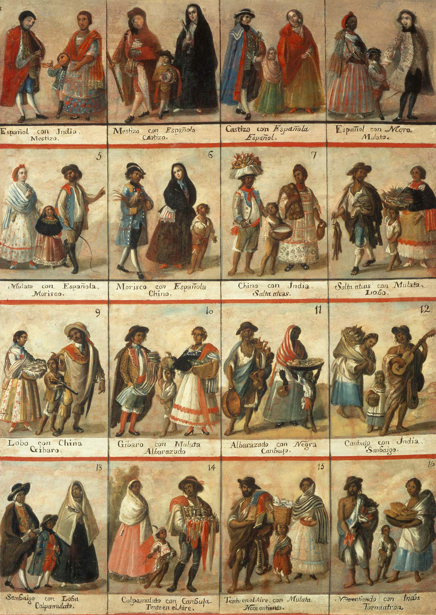 Las castas. Casta painting showing 16 racial groupings.  Anonymous, 18th century, oil on canvas, 148×104 cm,  Museo Nacional del Virreinato, Tepotzotlán, Mexico