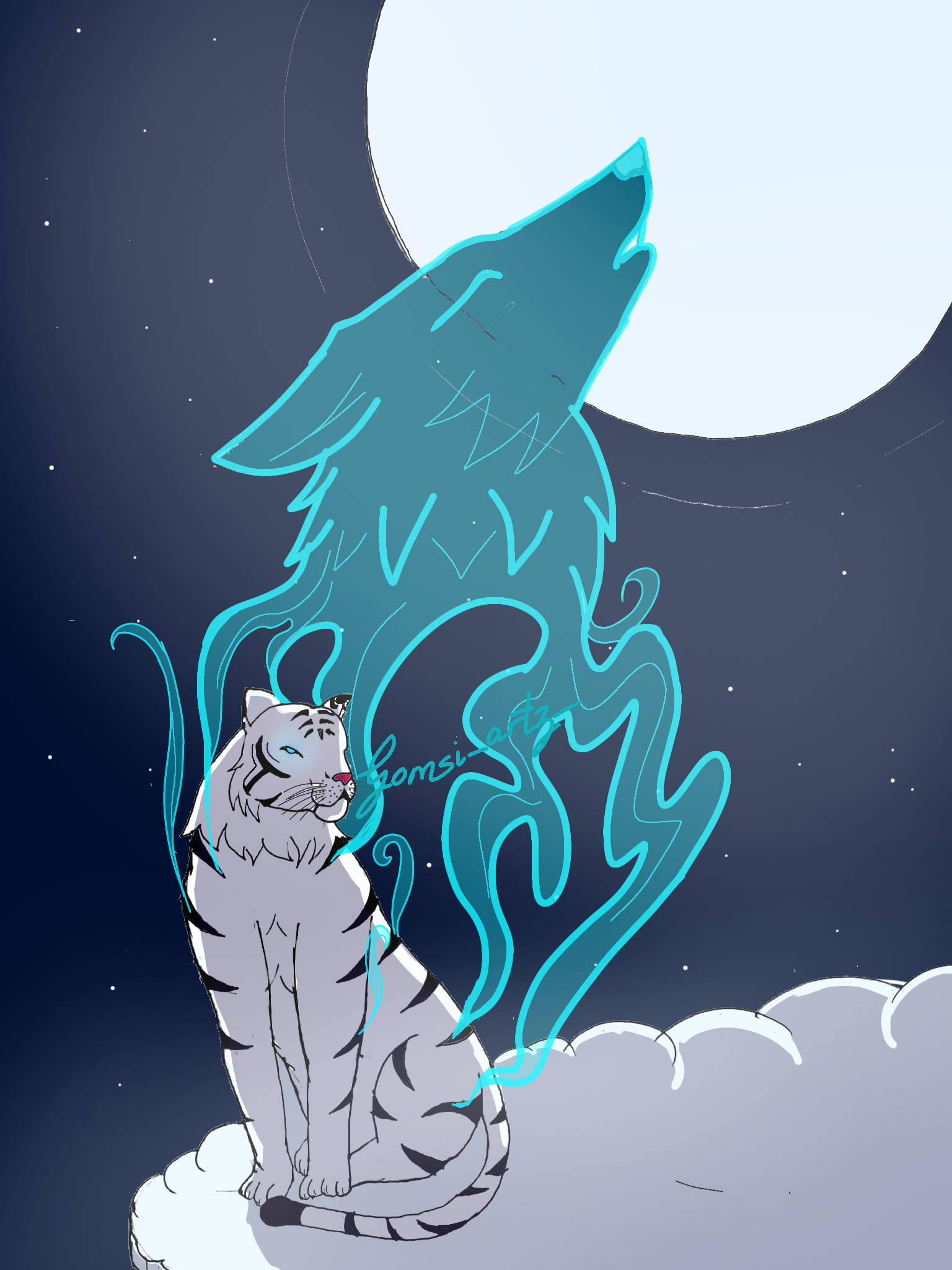 White tiger and a ghost wolf howling at the moon